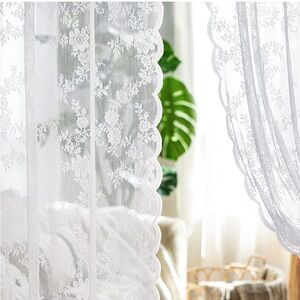 NWT Set of Two Elegant Scalloped White Floral Lace Sheer Curtains 58’Wx84’L